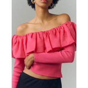 Anthropologie Pink Off-The-Shoulder Organza Ruffle Top